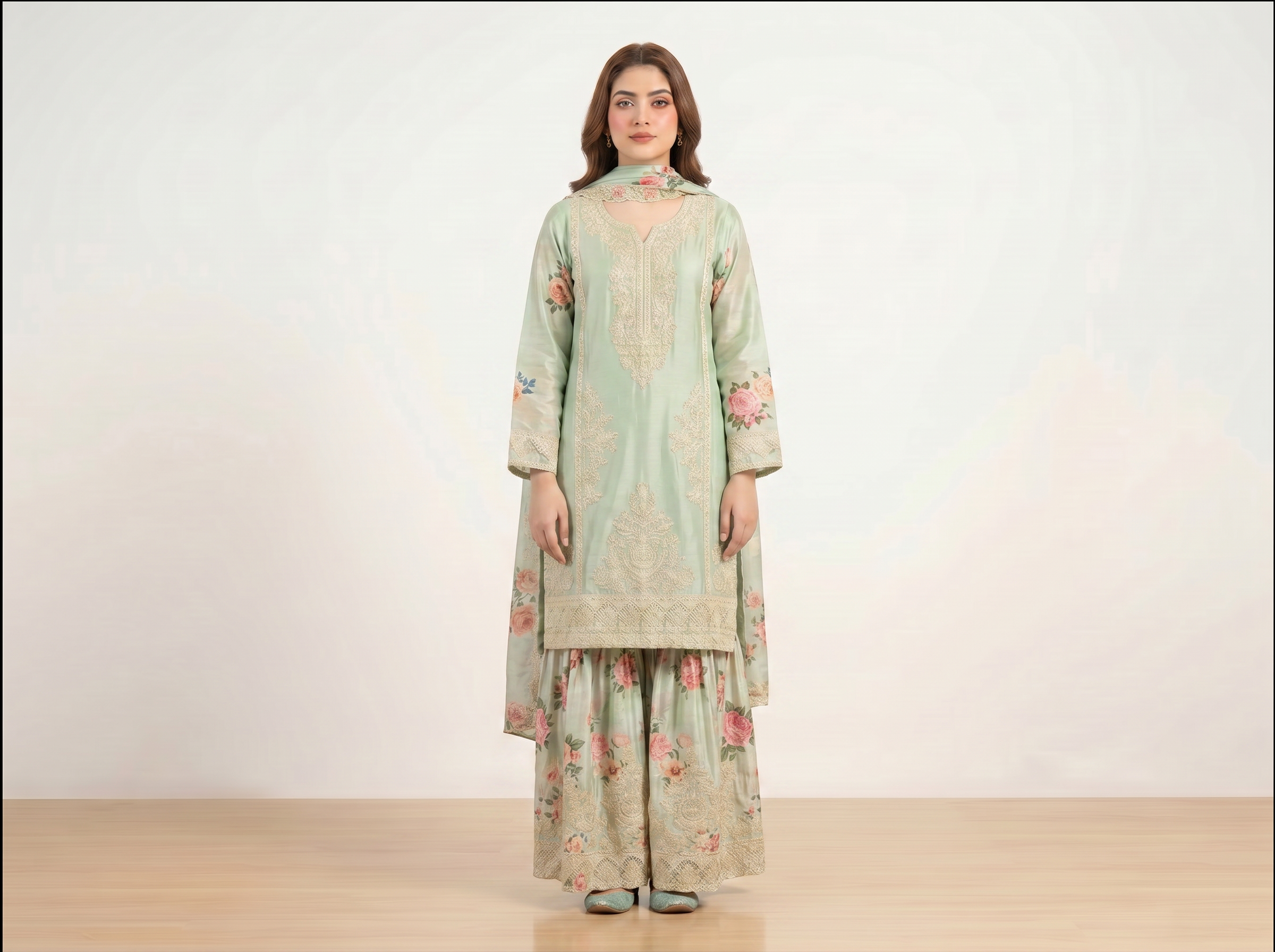 3 Piece pale green Kurti for Women