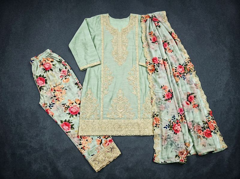 3 Piece pale green Kurti for Women